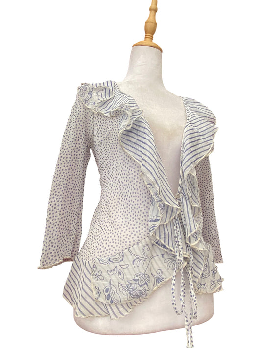 Mesh ruffled white and blue top