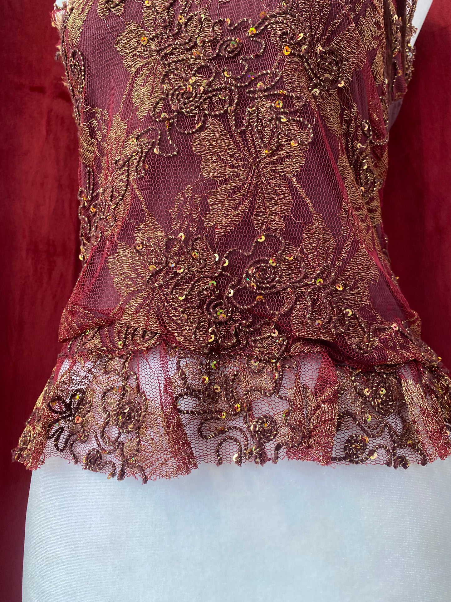 Burgundy top with gold lace ✨