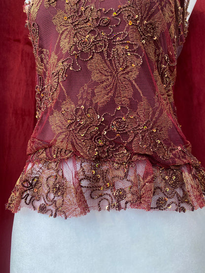 Burgundy top with gold lace ✨