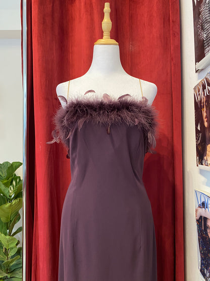 Brand new deep purple gown with feather bust