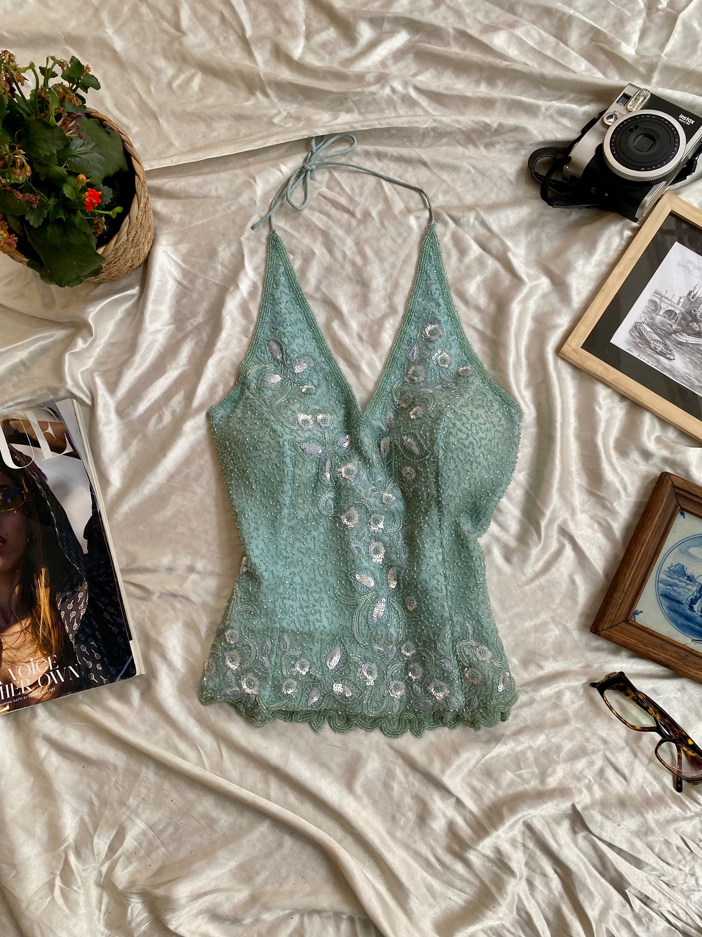 100% silk baby blue handbeaded corset 🩵