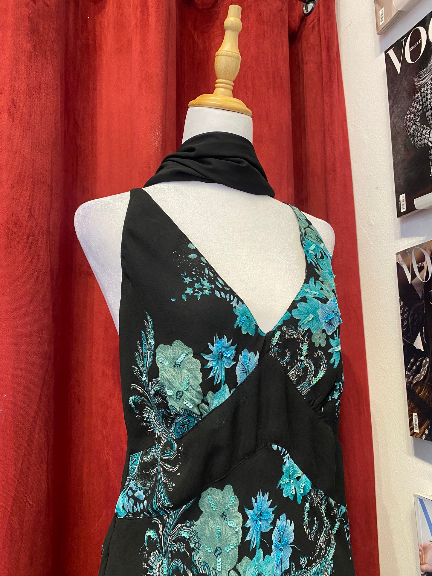 All over handbeaded maxi ruffled dress with matching scarf