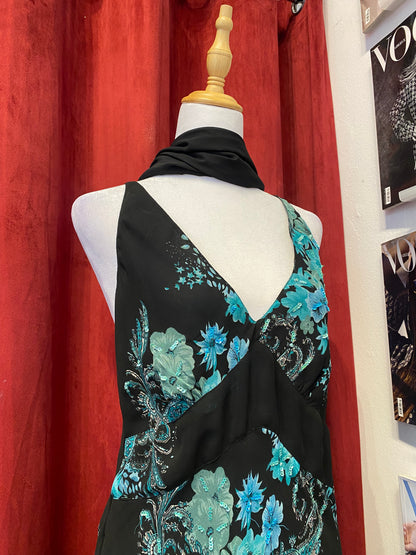 All over handbeaded maxi ruffled dress with matching scarf