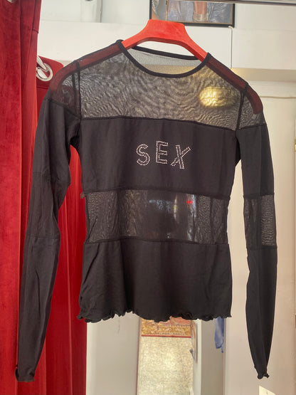 Brand new sheer top with sequin”sex” logo