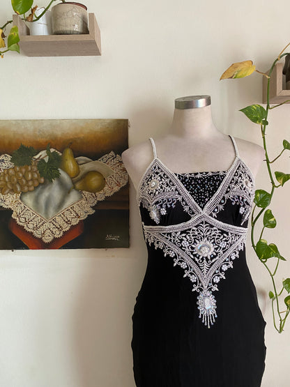 100% silk black maxi gown with  handbeaded details