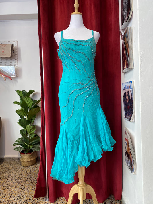 100% silk handbeaded gown with ruffles details