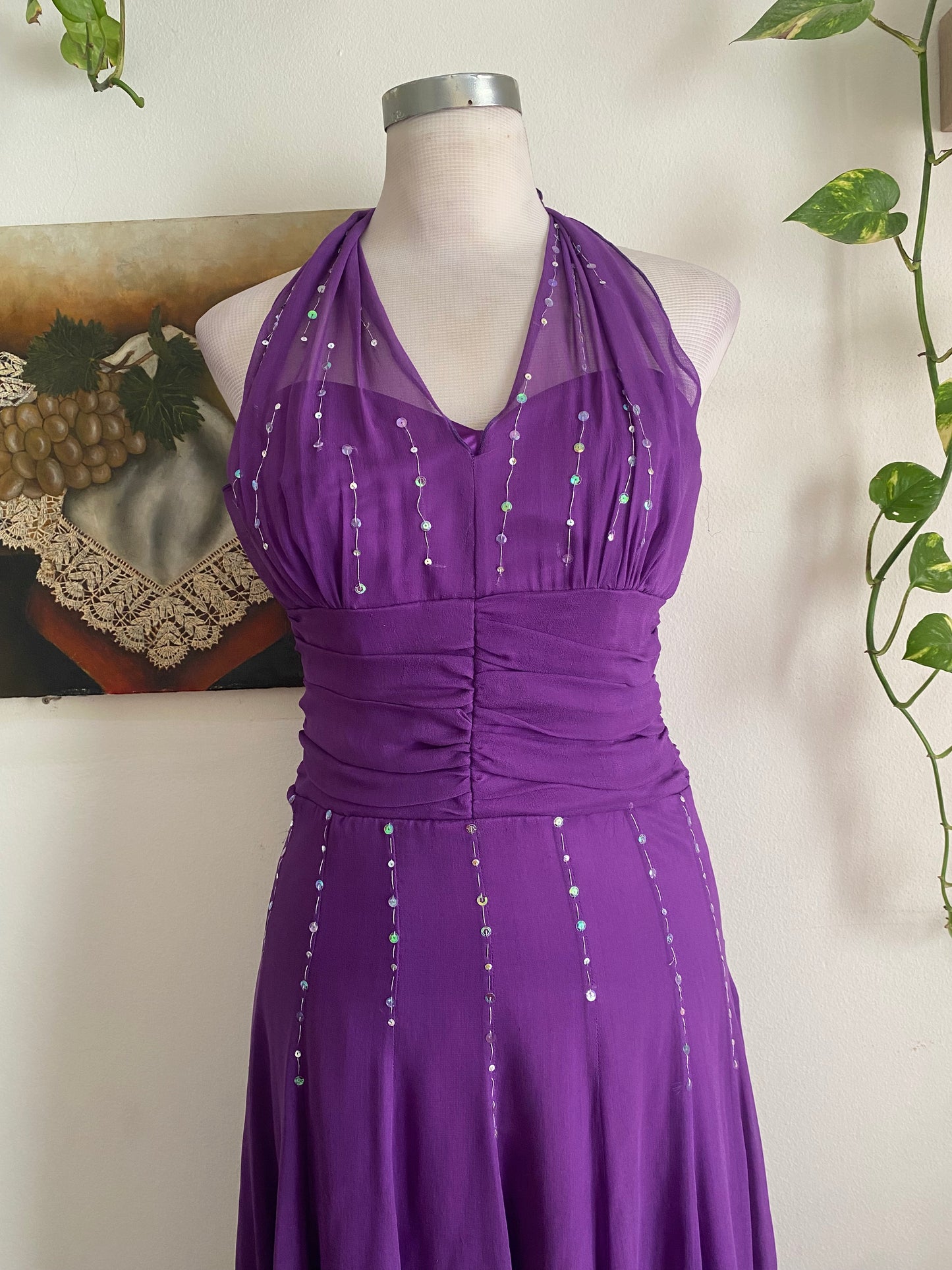 100% silk brand new handbeaded purple gown