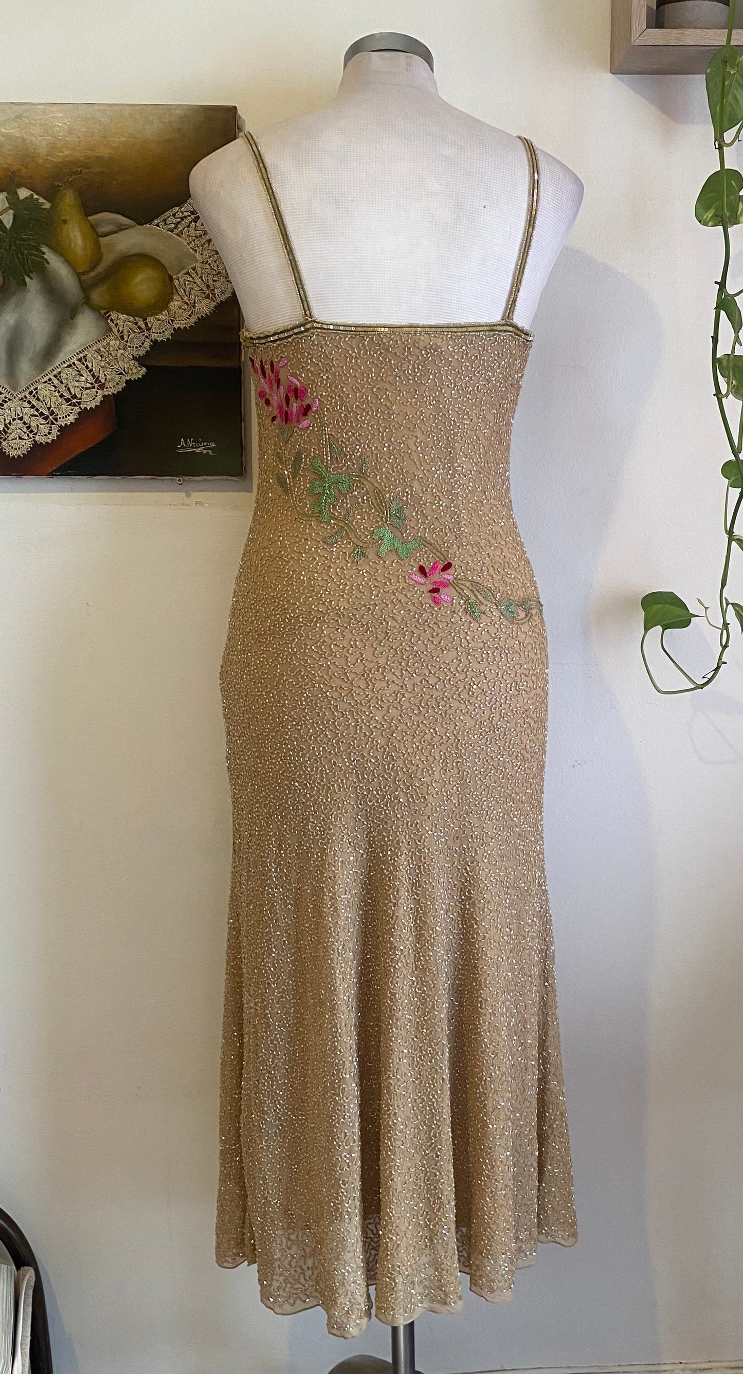 100% silk all over handbeaded gown with flower details