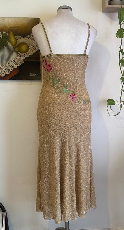 100% silk all over handbeaded gown with flower details