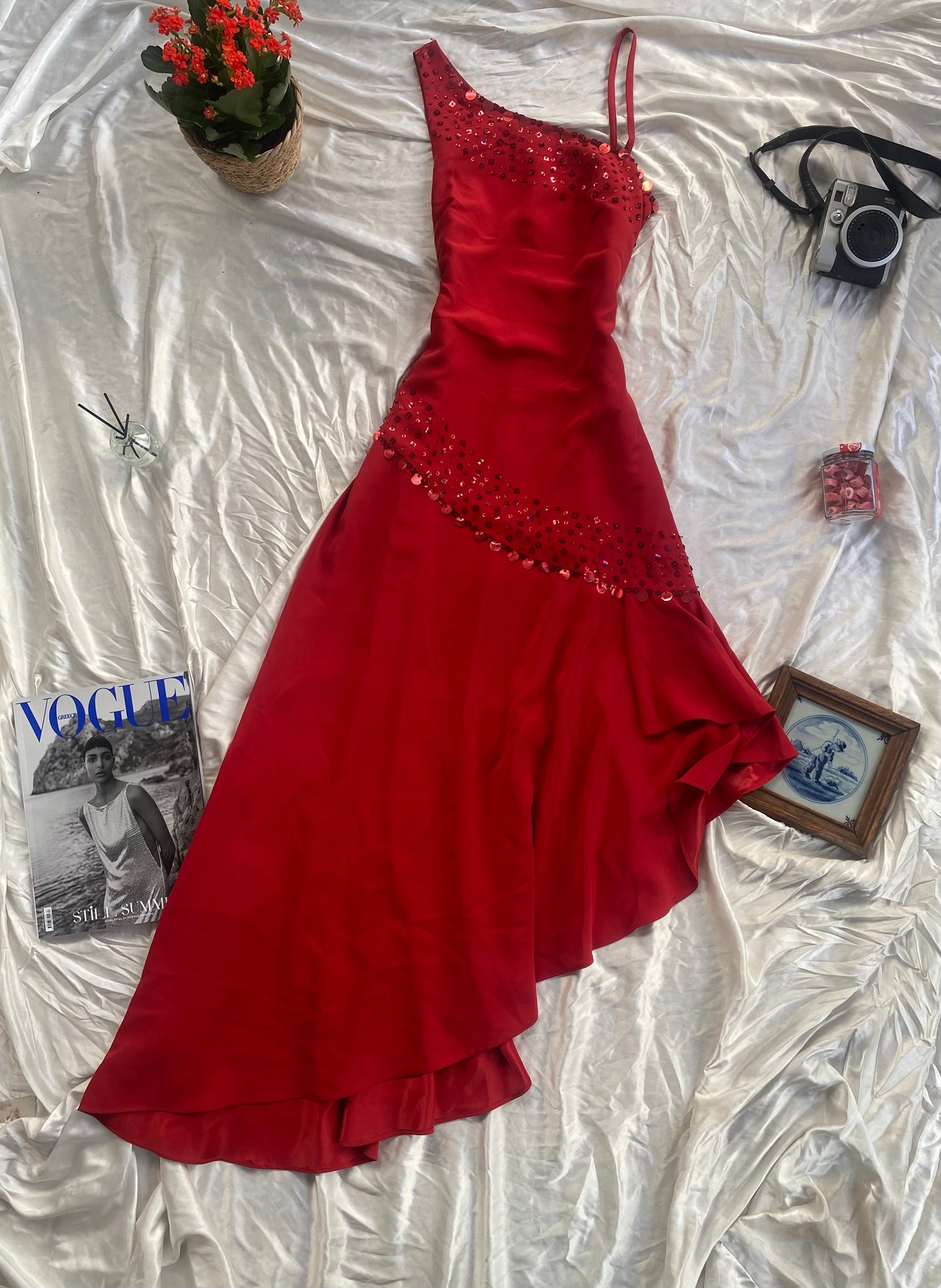 Brand-new deep red one shoulder maxi gown with sequin details