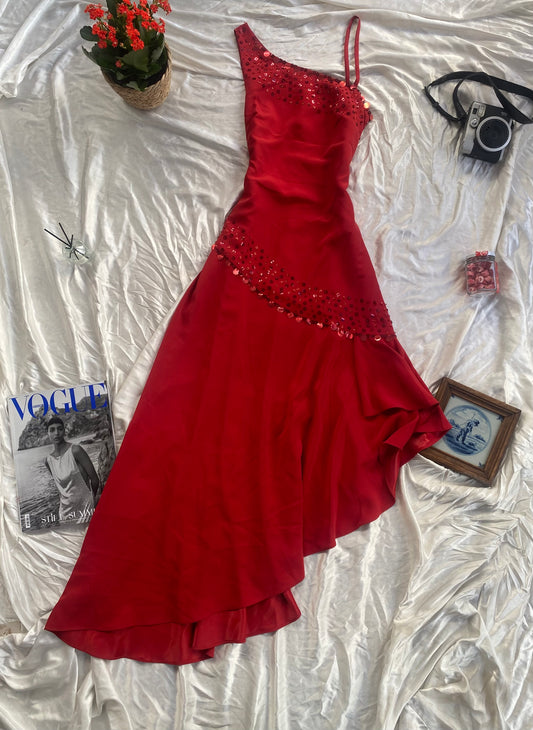 Brand-new deep red one shoulder maxi gown with sequin details