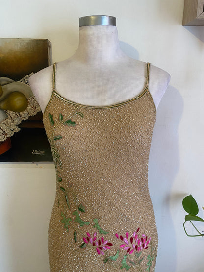 100% silk all over handbeaded gown with flower details