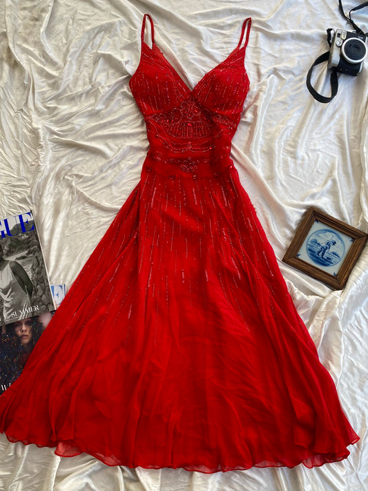 100% silk brand new red gown with all over handbeaded details
