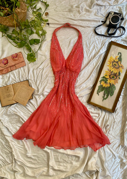 100% silk coral handbeaded dress