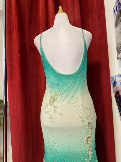 100% silk turquoise all over sequin ruffled dress🧚