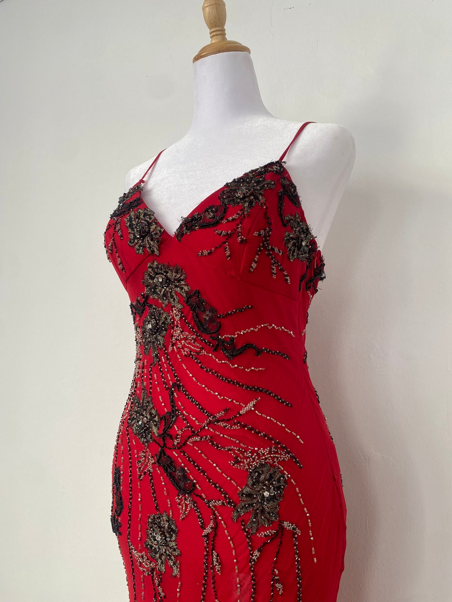 100% silk brand new deep red gown with all over handbeaded details
