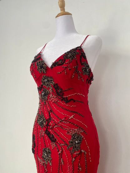 100% silk brand new deep red gown with all over handbeaded details