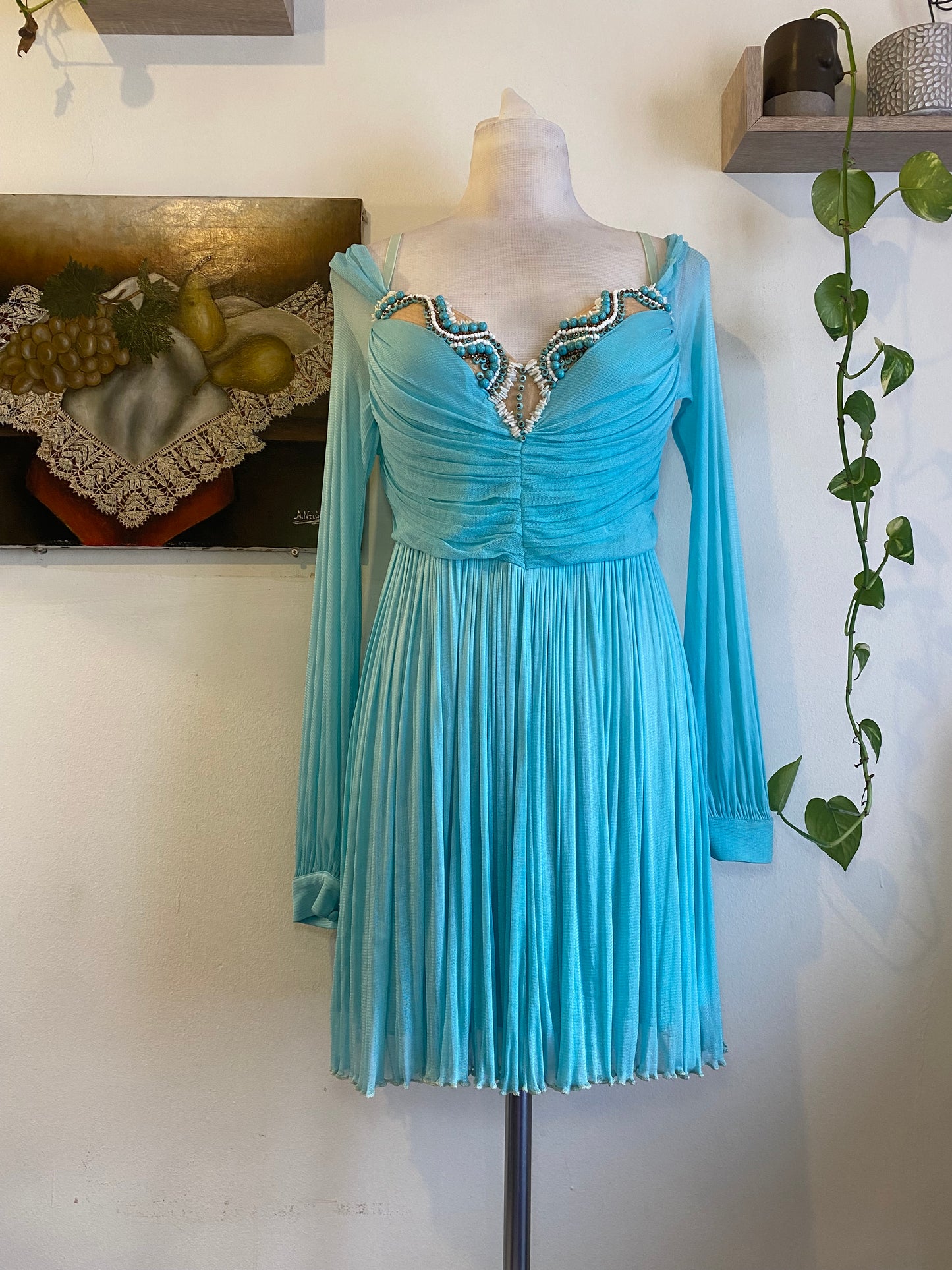 Brand new haute couture silk net baby blue mini dress