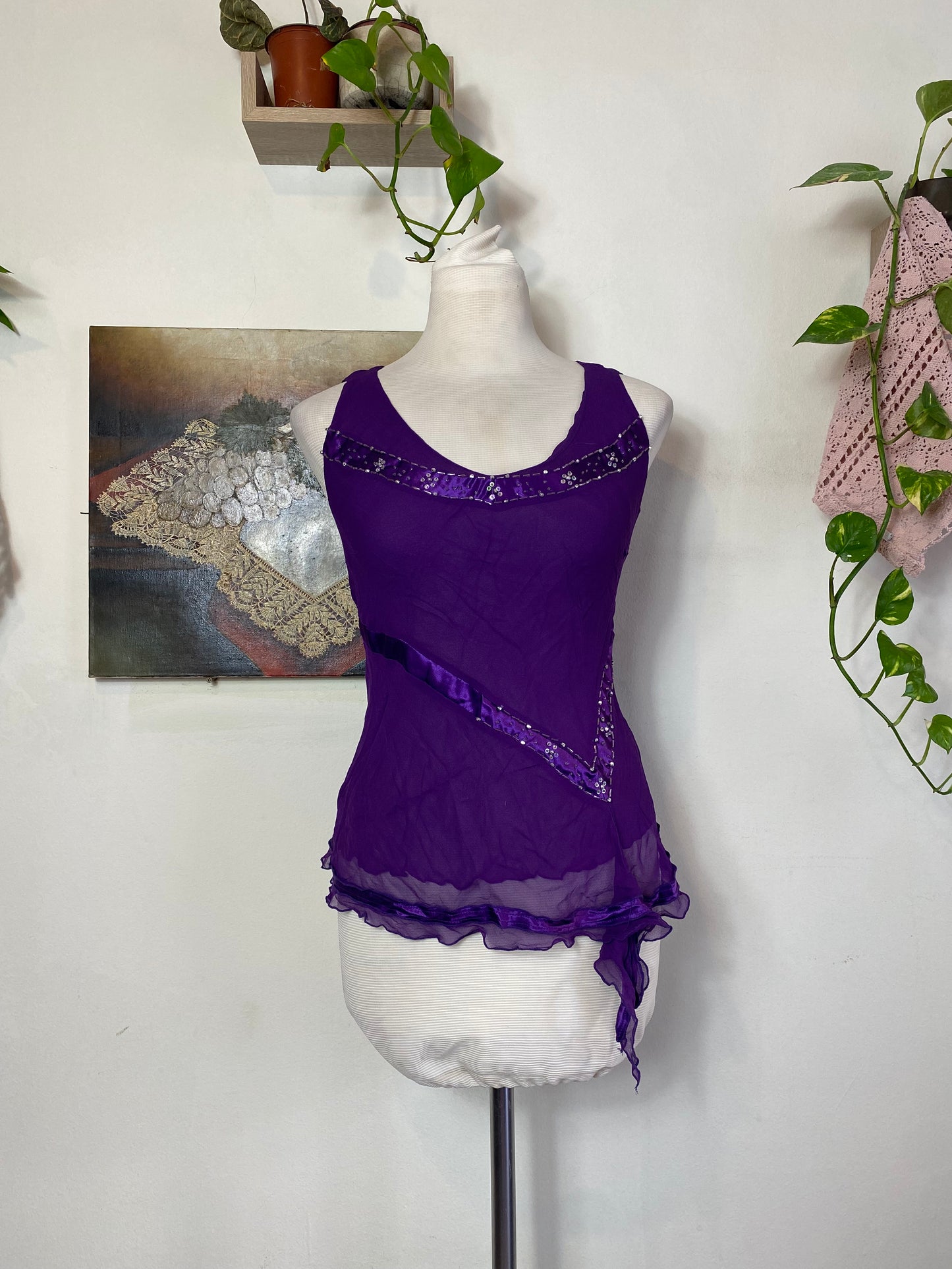 100% silk new deep purple sequin top