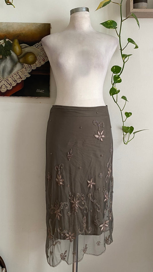 Brand new khaki midi skirt with handbeaded details