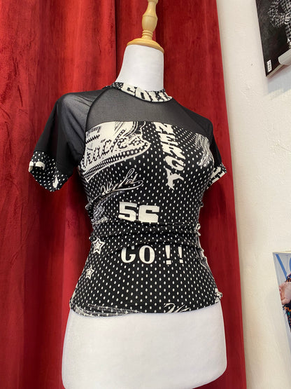 Brand new black graphic shirt with see through details