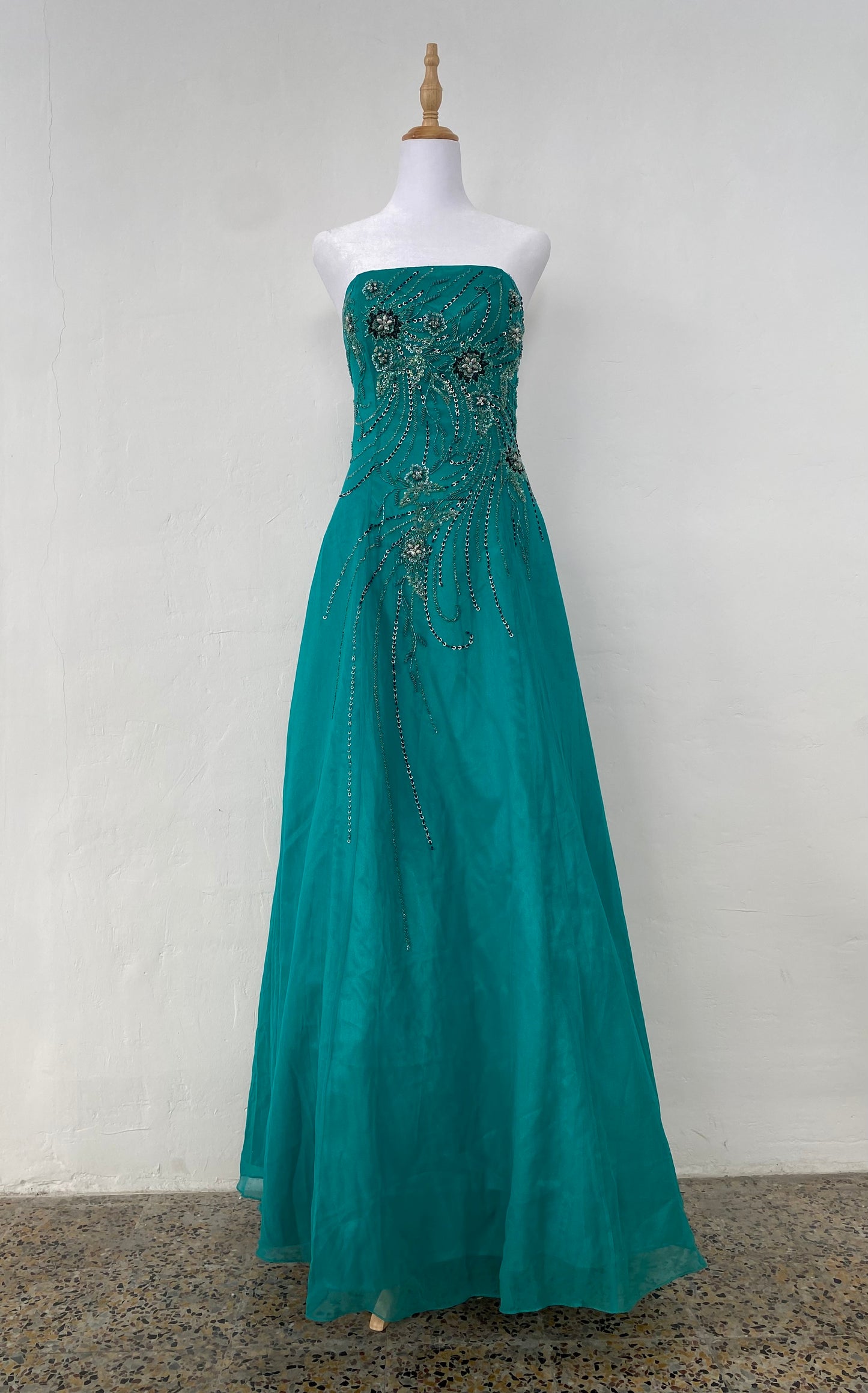 100% silk brand new maxi strapless gown with all over handbeaded details