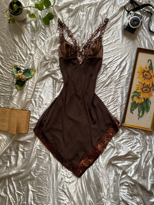100% silk mini sequin brown dress