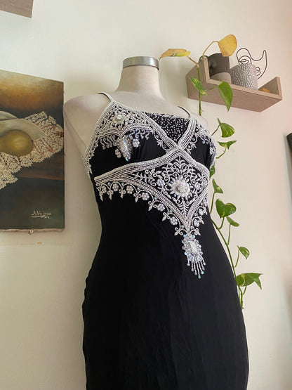 100% silk black maxi gown with  handbeaded details