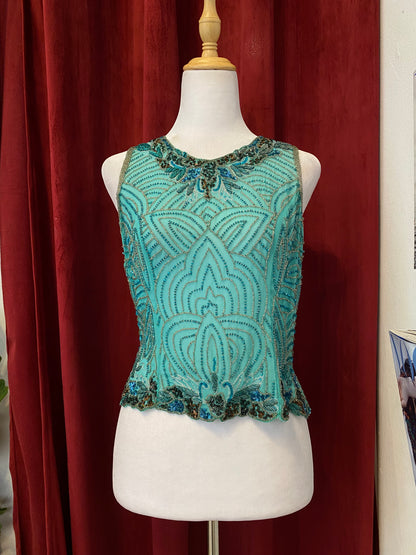 100% silk brand new handbeaded light blue top 🦋