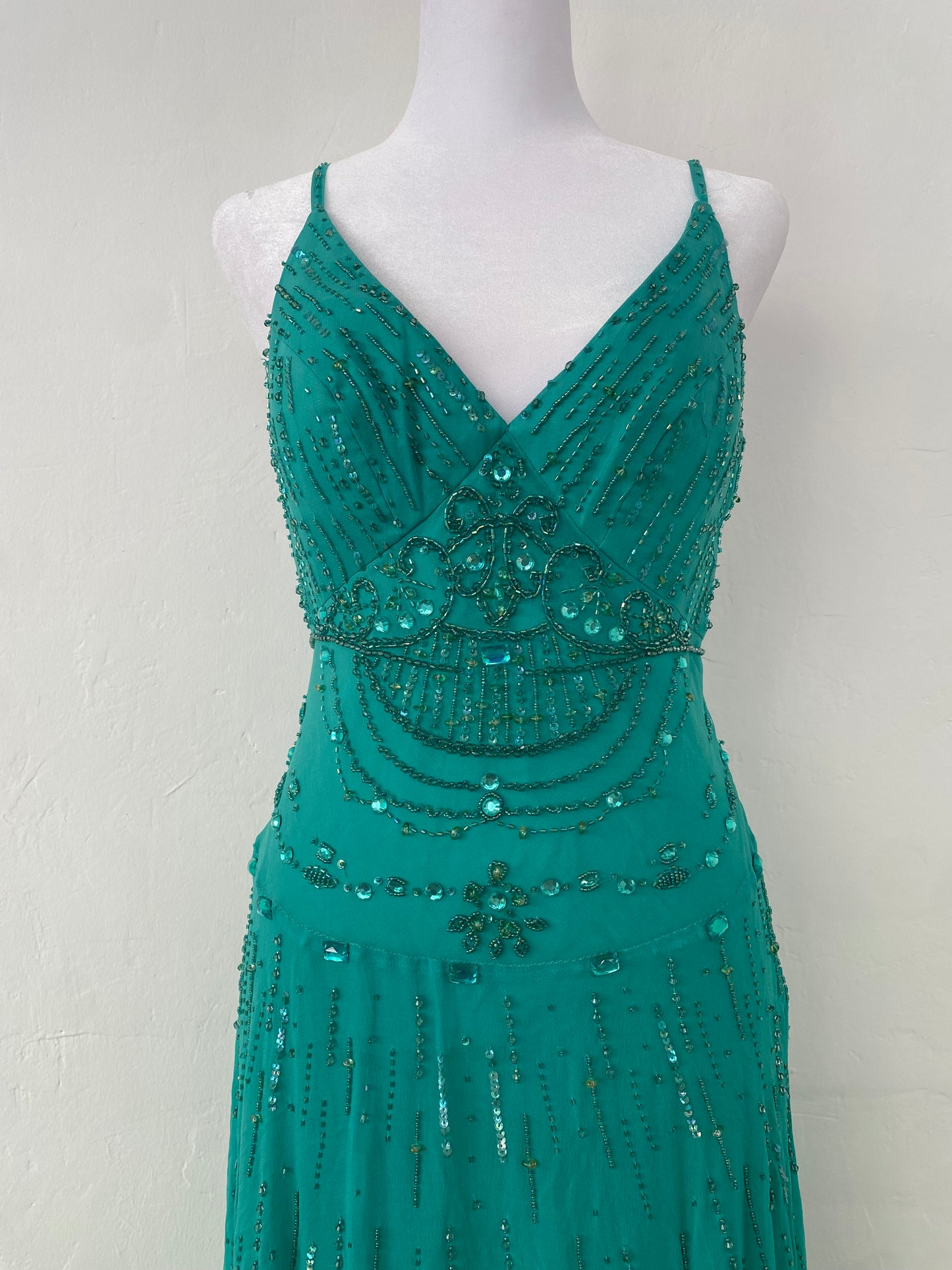 100% silk brand new turquoise gown with handbeaded details all over