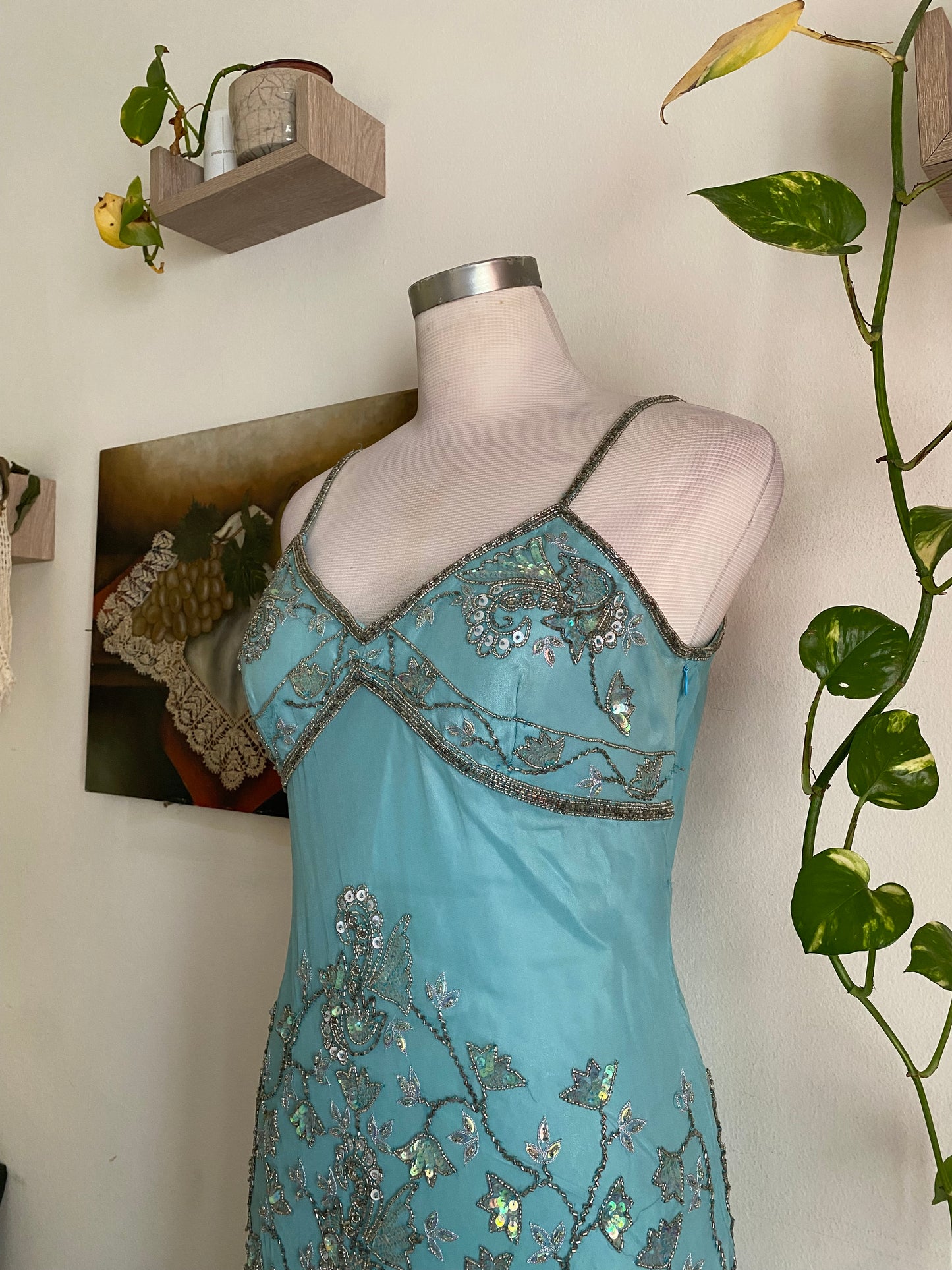 100% silk fairy baby blue gown with handbeaded details all over