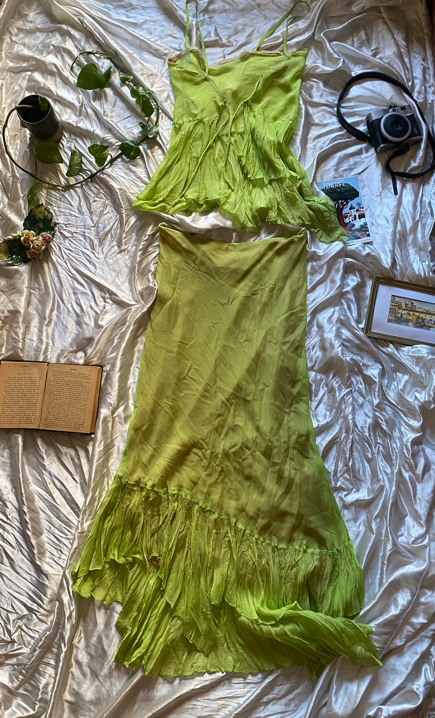 100% silk brand new haute couture green set
