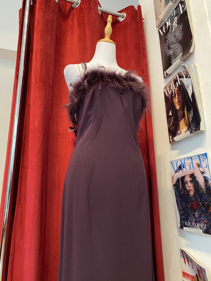 Brand new deep purple gown with feather bust