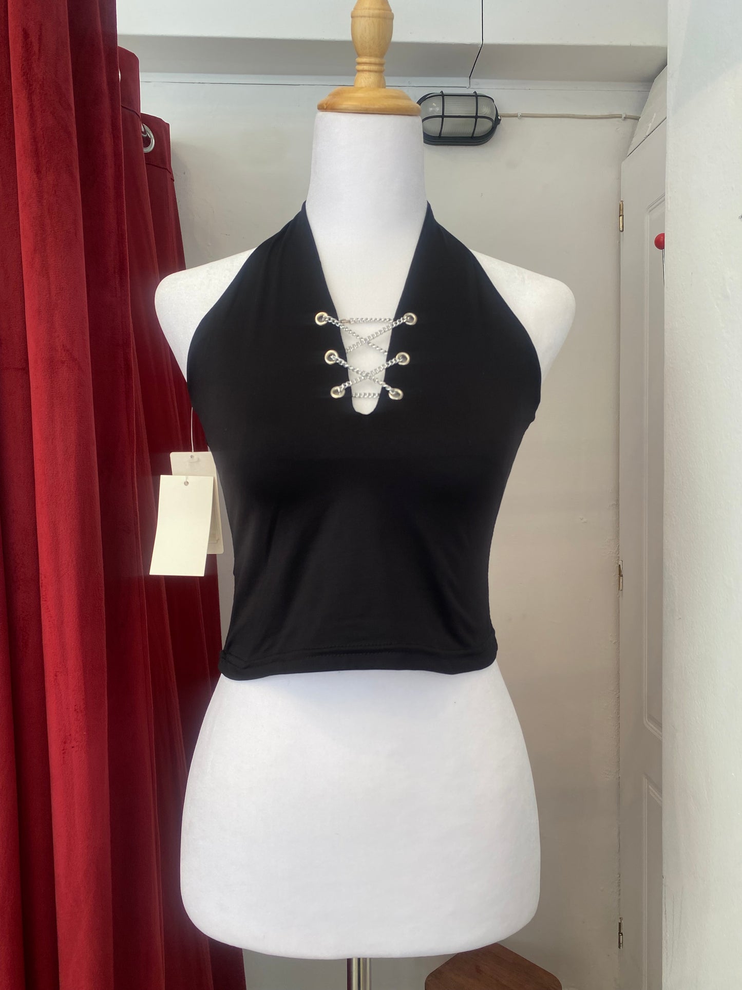 Brand new black halter top with chain details
