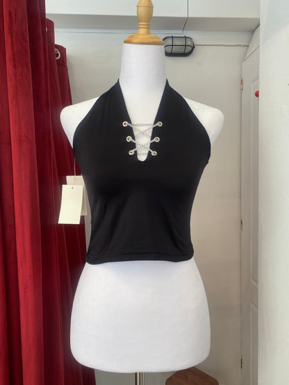 Brand new black halter top with chain details