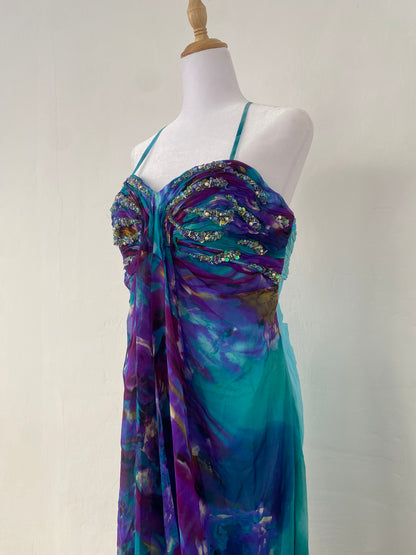 100% silk brand new maxi multicoloured gown with handbeaded details