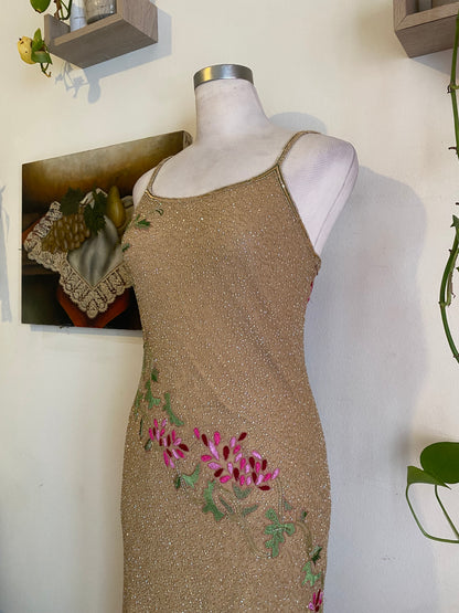 100% silk all over handbeaded gown with flower details