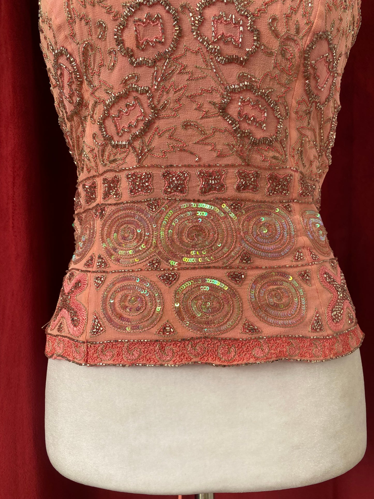 100% silk handbeaded baby pink corset