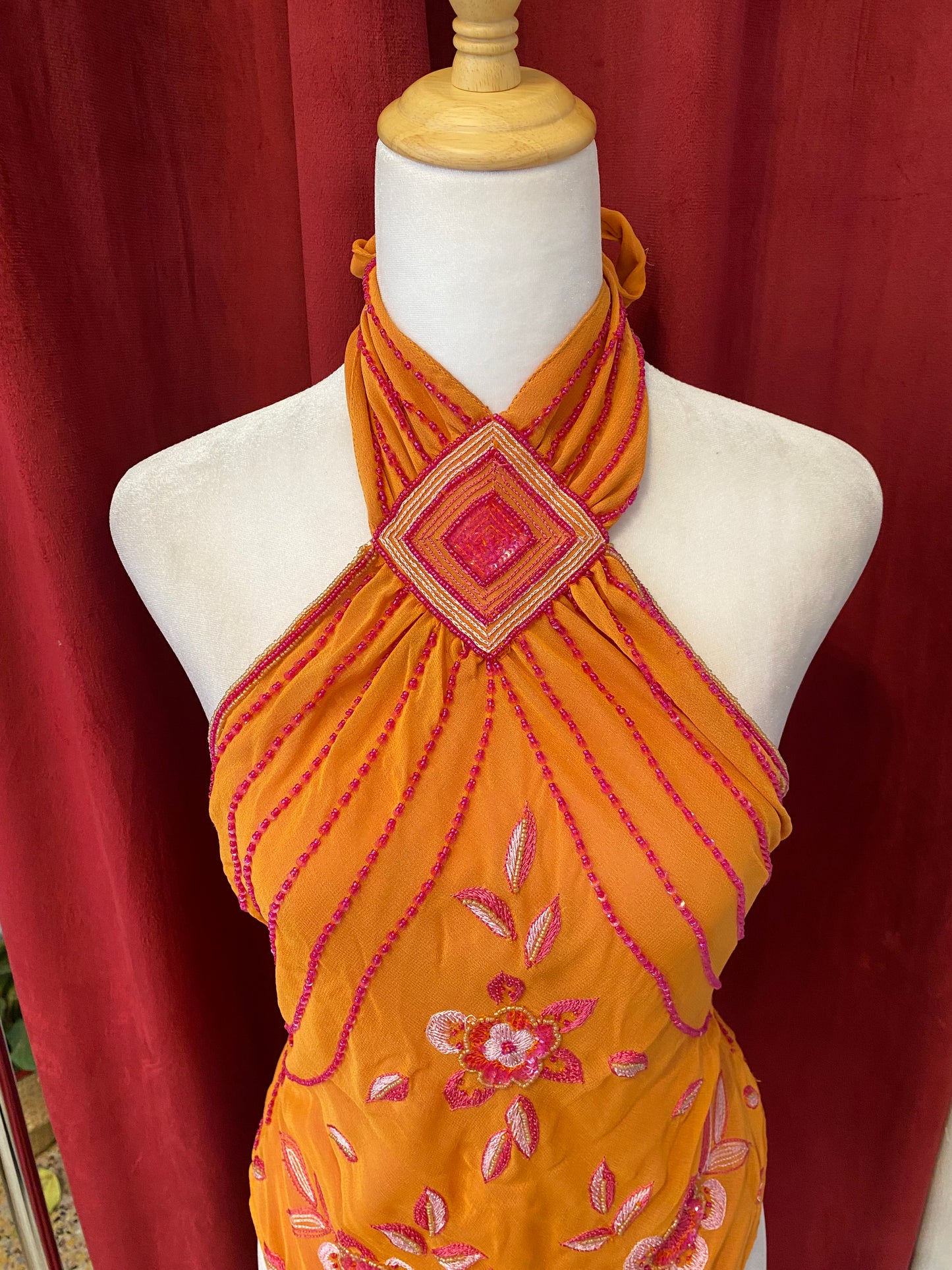 100% silk brand new orange open back handbeaded top 🍊