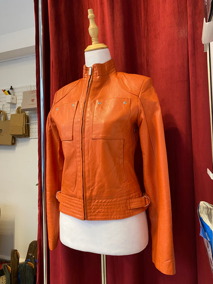 Real leather fitted orange biker jacket