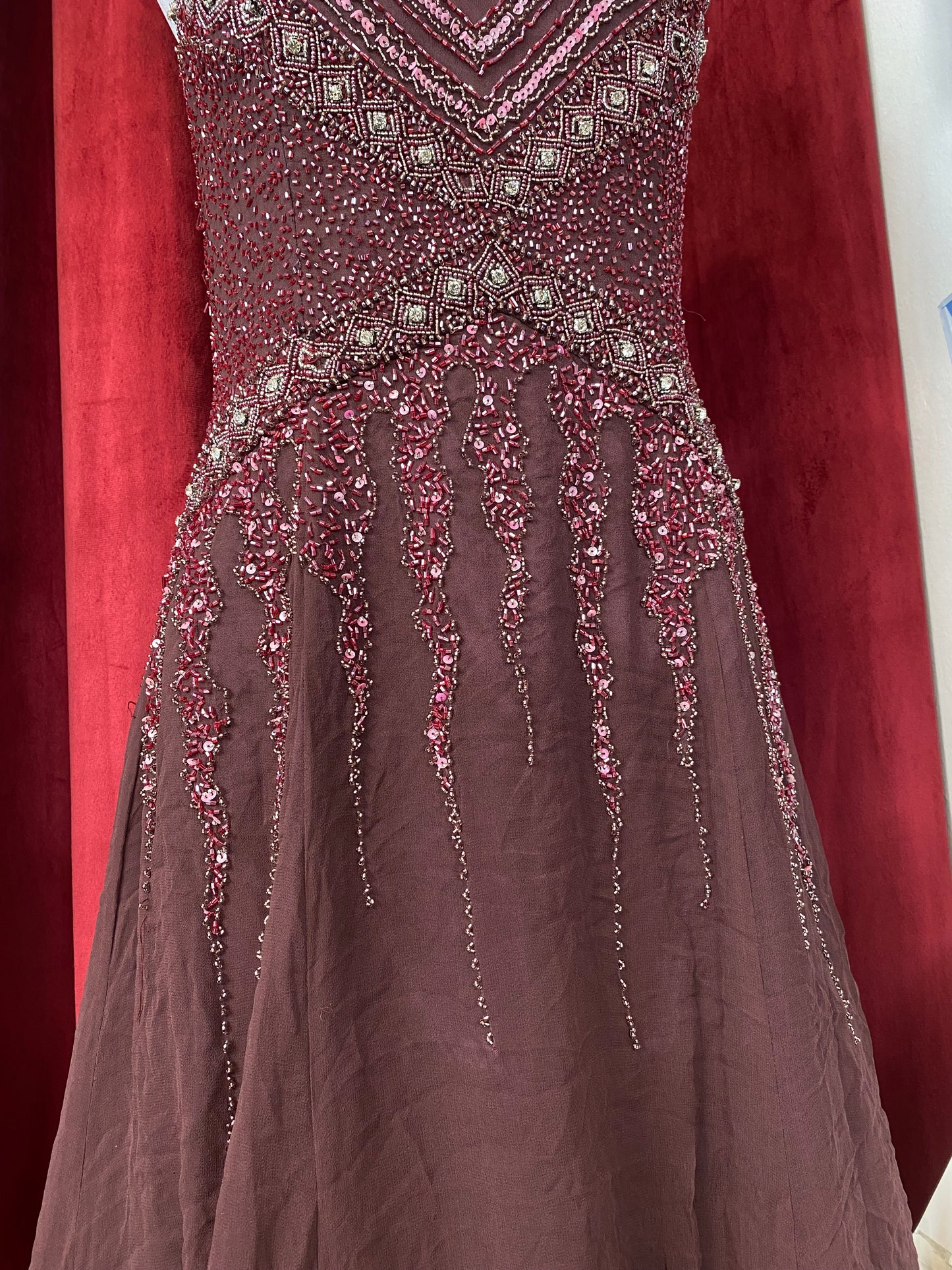 100% silk deep purple gown with sequin details all over
