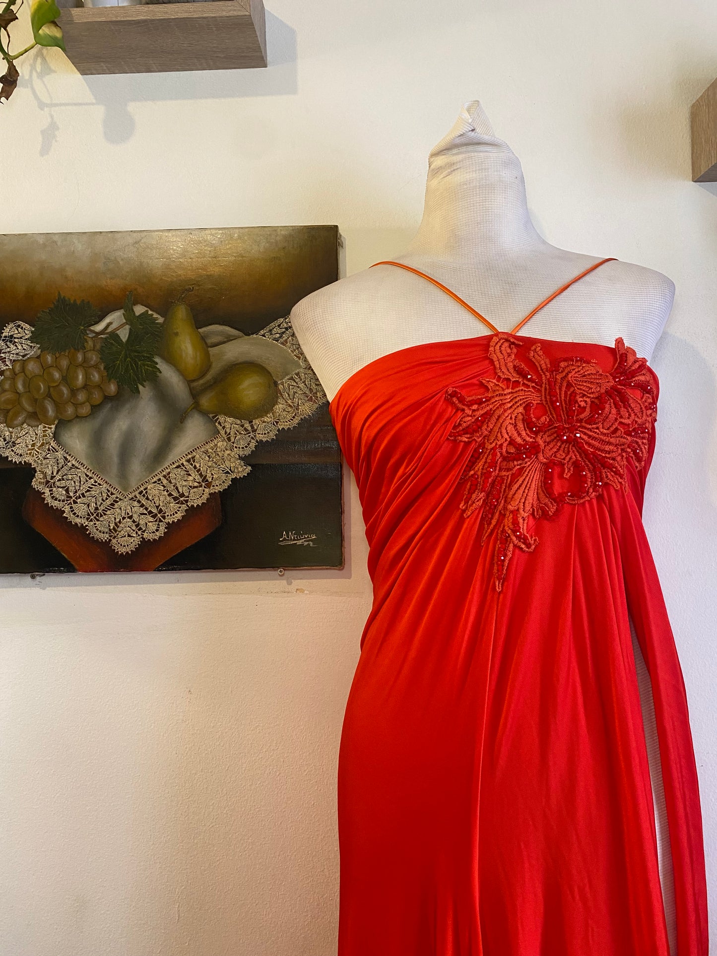 Brand new high slit haute couture orange rushed up dress