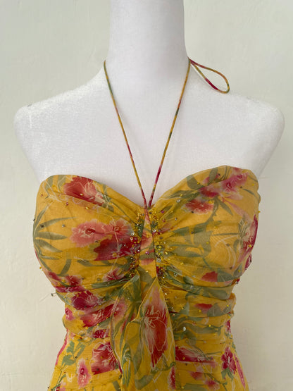 100% silk brand new yellow fairy ruffled dress with handbeaded details