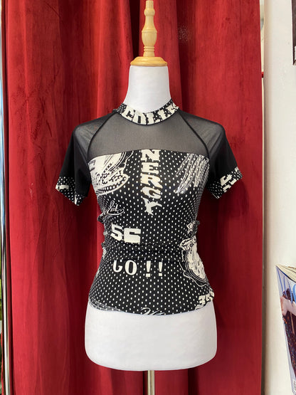 Brand new black graphic shirt with see through details