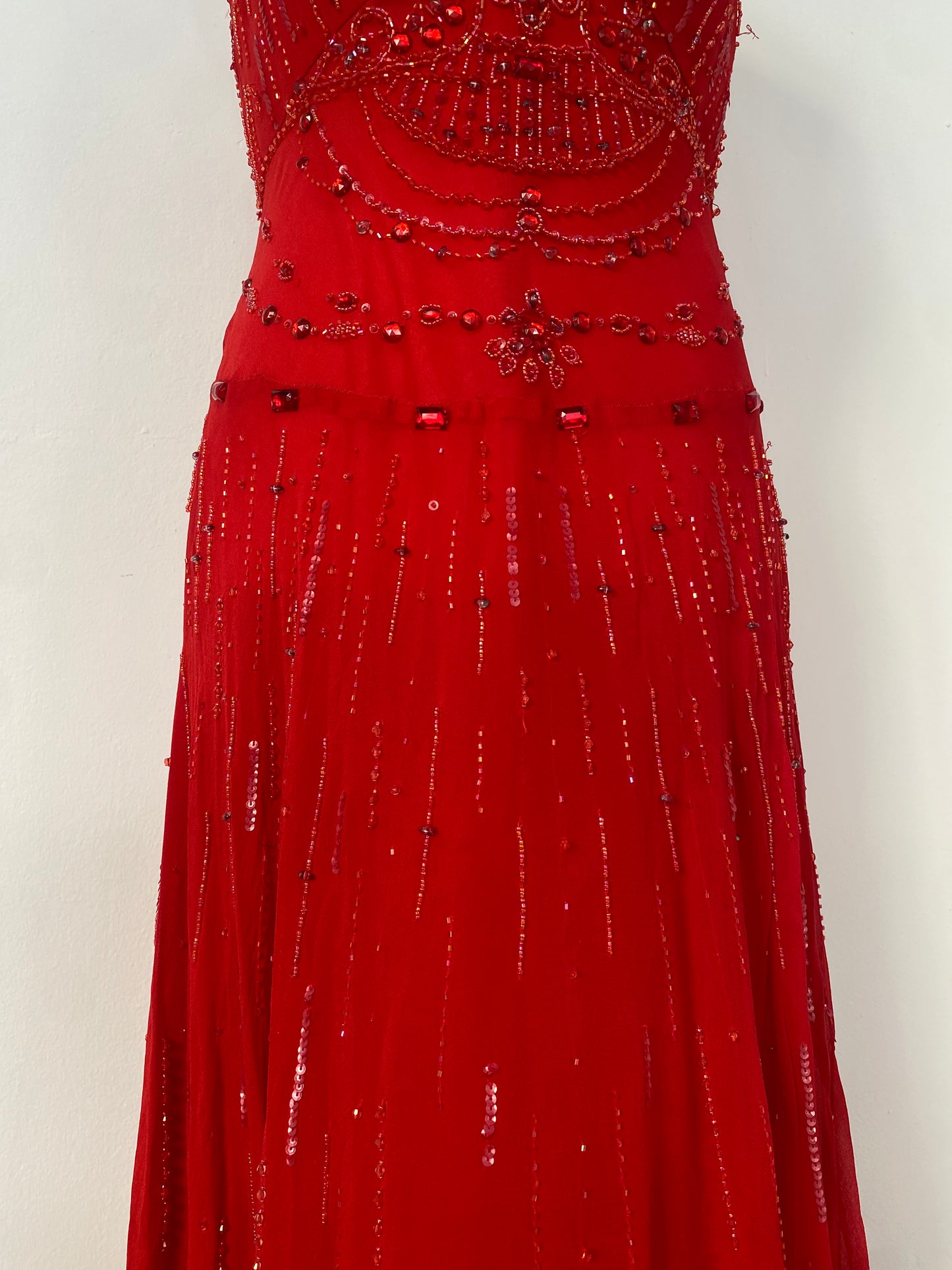 100% silk brand new red gown with all over handbeaded details