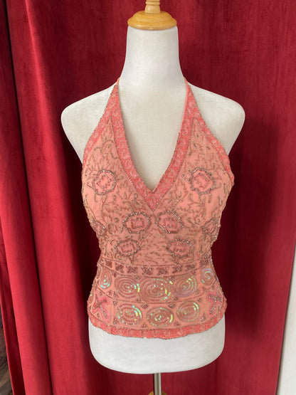 100% silk handbeaded baby pink corset