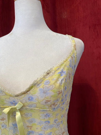 Yellow see through cami top with blue flower details