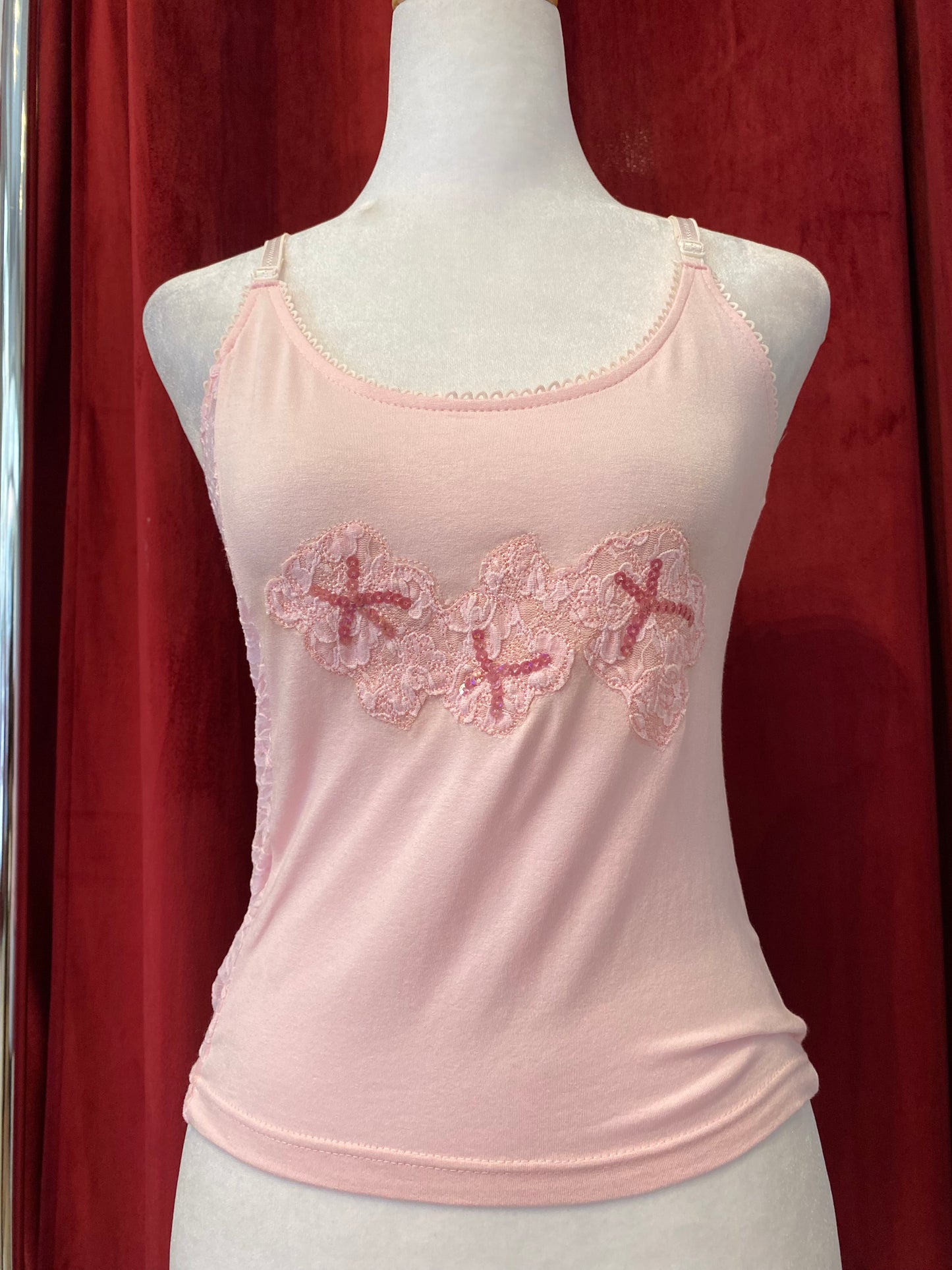 Pink summer top with sequin and lace details