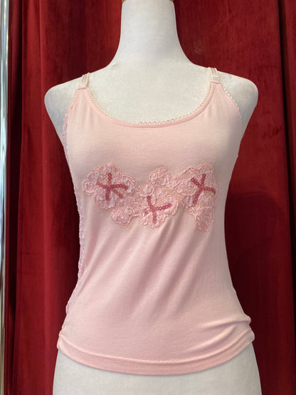 Pink summer top with sequin and lace details