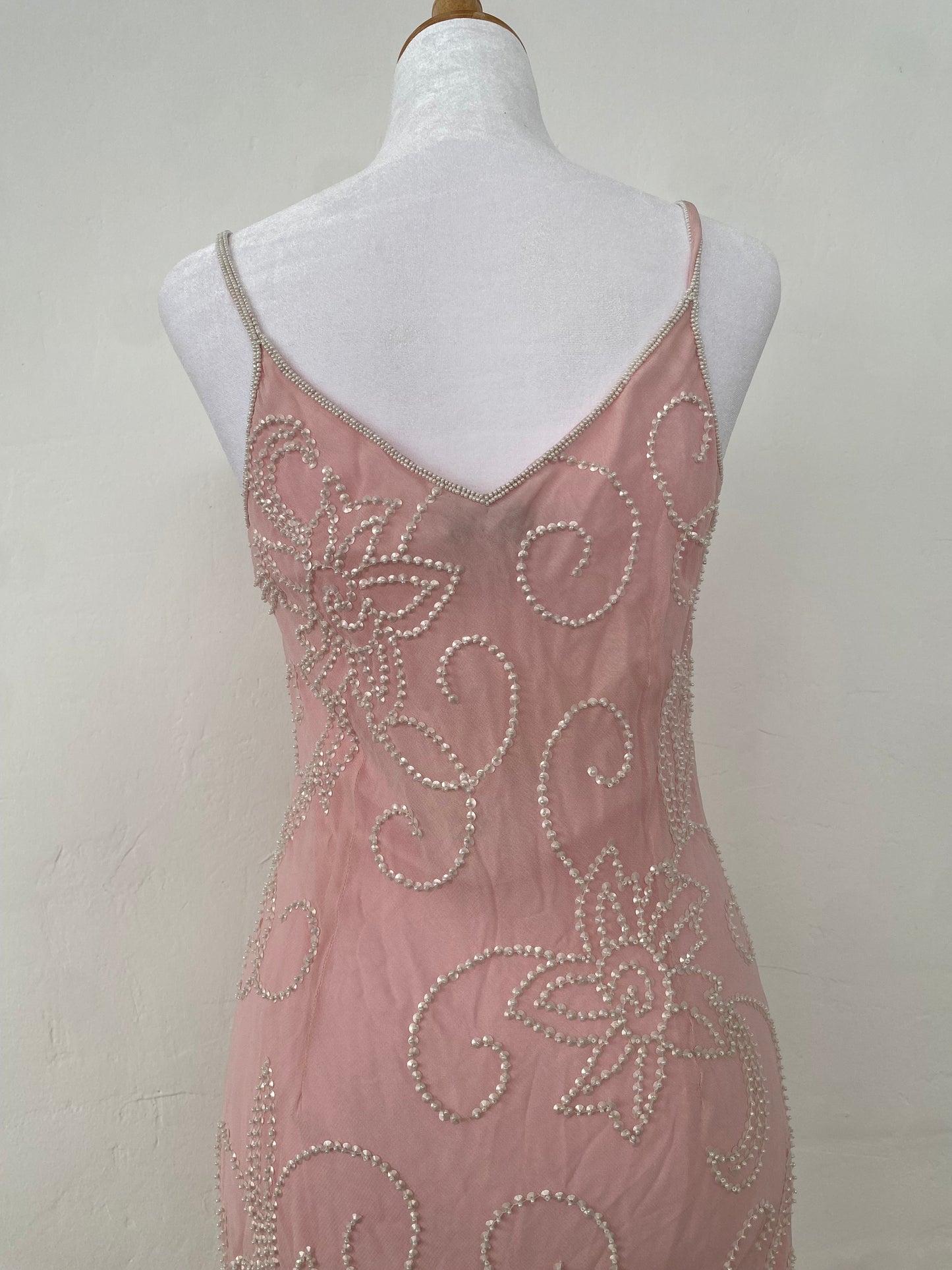 100% silk brand new baby pink maxi dress with handbeaded details